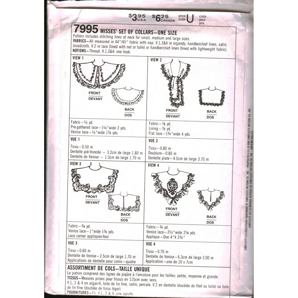 Simplicity 7995 Vintage 80s Misses Set of Collars Sewing Pattern One Size Lace